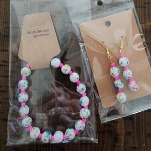 Colorful Beaded Bracelet and Earrings Set With Pink Accent Beads
